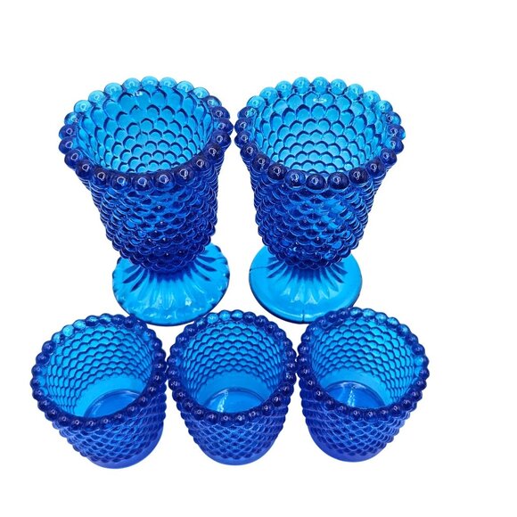 Hobnail Cobalt Blue Glass Votive Candle Holders Mixed Set Of 5 - Picture 2 of 15